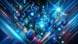 digital art featuring intricate blue hexagonal patterns with radiant light effects, ideal for futuristic themes and tech visuals. Includes copy space