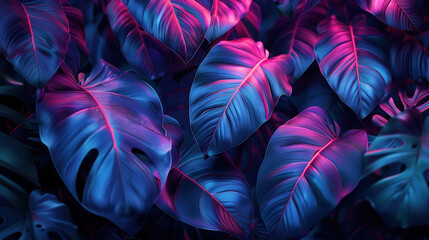 tropical leaves in neon Light, minimalism with empty copy space