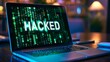 © melhak - Hacked pc - Monitor Showing Bold 'Hacked' Message - Threat Detection, System Intrusion, Network Vulnerability