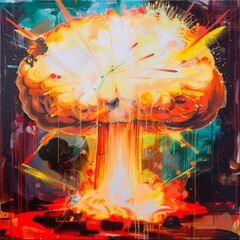 Sticker - A painting of a bomb exploding with a yellow and red explosion