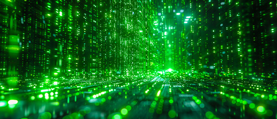 Matrix Digital Code, Green Binary Data Stream, Technology and Cyber Security Background
