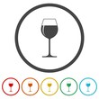 Wine glass with wine icon. Set icons in color circle buttons