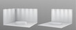© klyaksun - Booth stand with walls and floor, platform and spotlights 3d mockup. Realistic vector illustration set of white studio or exhibition room interior template for products display on tradeshow event.