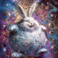 Poster - A rabbit is surrounded by many butterflies and bubbles