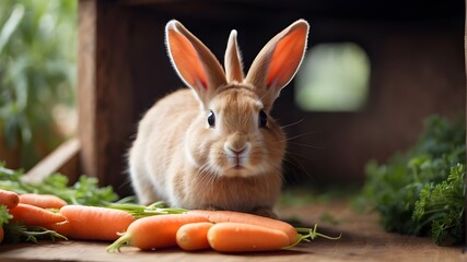 Wall Mural -  A cute bunny nibbling on fresh carrots in a hutch