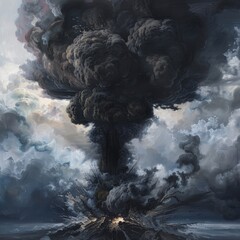 Sticker - A painting of a volcano erupting with smoke and fire