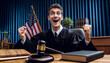  joyful judge in a courtroom, feeling satisfied after delivering a just verdict