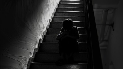 Wall Mural - A boy sitting on the stairs of his home, his head down, surrounded by darkness