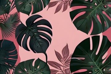 Pink summer tropical background vector. Palm leaves, monstera leaf, Botanical background design for wall framed prints, wall art, invitation, canvas prints, poster, home decor, cover, Generative AI