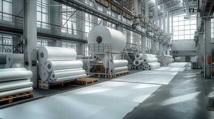 Poster - Modern paper factory, paper. Generative AI.