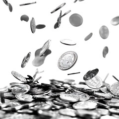 Silver coins falling isolated on isolated transparent background