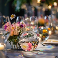 Poster - A table with a centerpiece of a clear glass ball filled with flowers