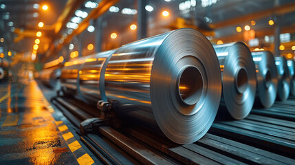 Poster - Large aluminium steel rolls in the factory. Generative AI.