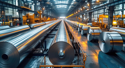 Poster - Large aluminium steel rolls in the factory. Generative AI.