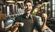  joyful hipster man barista, with smile that reflects the welcoming nature