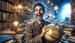 joyful scientist, geographer, traveler with globe against background of bookshelves in library