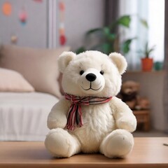 Wall Mural - A white color cute teddy bear toy on stunning room background