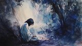 Fototapeta Londyn - A poignant scene of Jesus praying in the Garden of Gethsemane, with dark, emotive watercolors