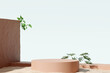 Brown product display podium with monstera leaf. 3D rendering	
