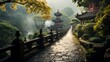 A tranquil walkway leads to a beautiful pagoda nestled among lush trees
