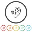 Ear icon, hearing icon. Set icons in color circle buttons