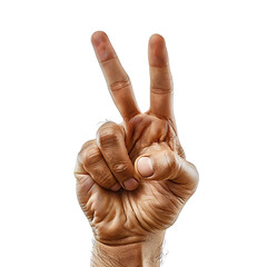 Man hand showing the sign of victory on isolated transparent background