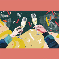 Flat design hands collage hands holding champaign glasses Ai generated