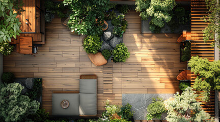 Wall Mural - Top view of a terrace, on this terrace there is an ecological garden, wood finish. Generative AI.