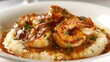 High-definition image of shrimp and grits, Southern comfort food, with creamy grits and succulent shrimp in a tantalizing sauce, studio-lit isolated background