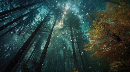 Wall Mural - Viewing stars in a forest under ambient lighting