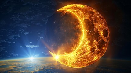 Wall Mural - eclipse: a vector illustration of a partial solar eclipse, showing the moon partially covering the s