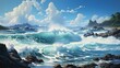3D picture of noisy ocean against the background of mountains and beach. Emerald Ocean Concept.