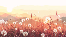 Wild Grasses With Dandelions In The Mountains At Sunset