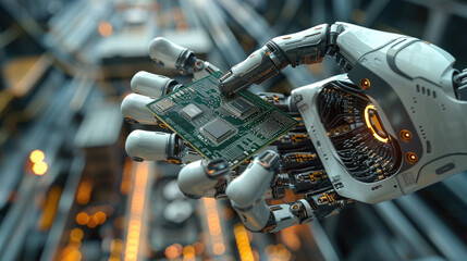 Aufkleber - High tech authentic robot arm holding a contemporary supercomputer processor. A robotic manipulator with an end effector holding a CPU chip. Generative AI.