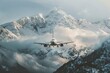 An airplane banking sharply against rugged mountains.