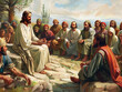 A painting showing Jesus delivering the Sermon on the Mount, surrounded by his followers and disciples.