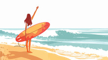 Woman Holding Her Surfboard On The Beach Celebrating