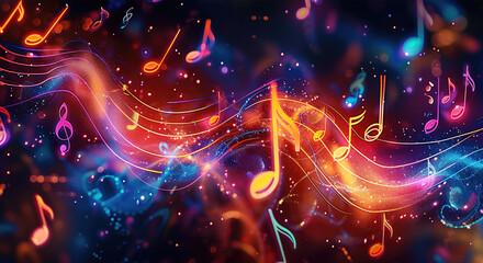 Aufkleber - Vibrant musical notes, dark background. Generative AI.