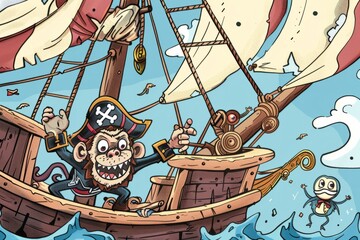 Cartoon cute doodles of a mischievous sailor monkey causing chaos aboard a pirate ship with its antics, Generative AI