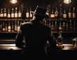 A sad man in a hat sits at a bar and drinks whiskey.