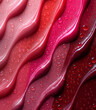 A set of different color lip glosses, waves with water drops. Smudged makeup product sample. 