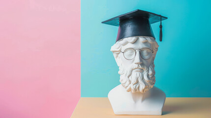 Wall Mural - Graduation party invitation. White head bust of David wearing a graduation cap on a pink and blue background. Copy space. mortarboard on white antique head. Online courses, education, library