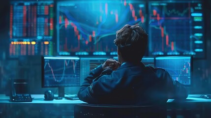 Wall Mural - trader is trading spot cryptocurrency market, blue background with data price charts. generative ai.