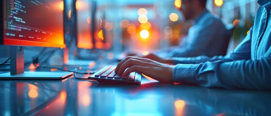 A close-up image showing hands on the keyboard with warm background lighting gives a look into modern work environment