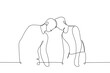 men standing resting their foreheads against each other - one line art vector. concept homosexual couple or male friends in confrontation or conflict, hardheaded or stubborn people