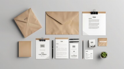 A set of realistic stationery mockups featuring letterheads, envelopes, and business cards, perfect for showcasing your corporate branding.