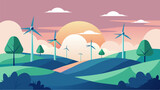 Fototapeta  - A before and after illustration of a once barren landscape now adorned with a field of wind turbines highlighting the positive impact on the