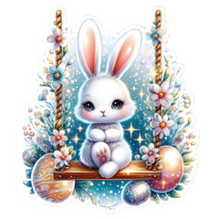 Wall Mural - white bunny with a swing cute easter sticker illustration