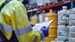 An employee is reviewing the dangerous substance document in the chemical storage area at the manufacturing site, focusing on industrial safety measures.