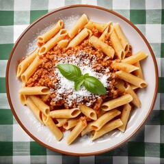 Wall Mural - Succulent Italian pasta dish with bolognese sauce on a green and white checkered tablecloth